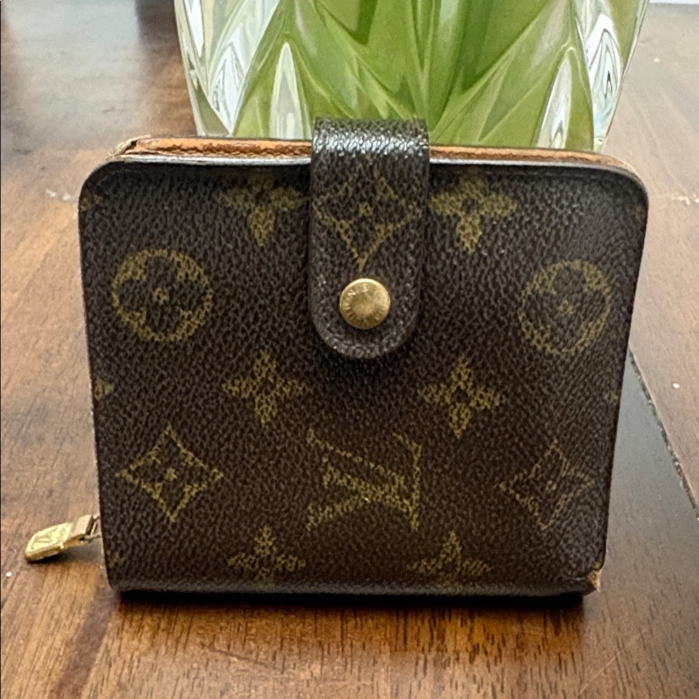 Louis Vuitton Brown Monogram Compact Wallet with Gold Hardware. Authentic.